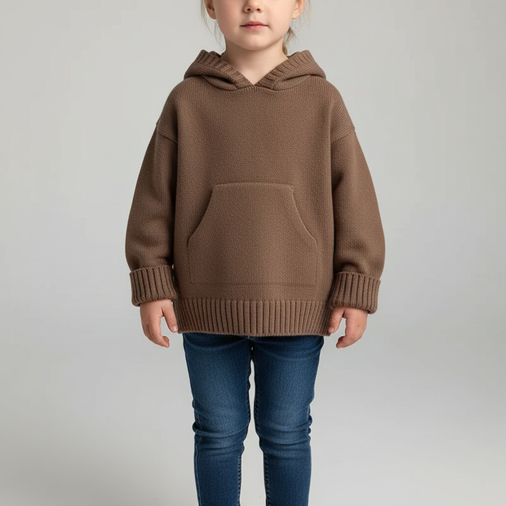 Kinder-Kapuzen-Strickpullover mit Vordertasche, entspannter Schnitt