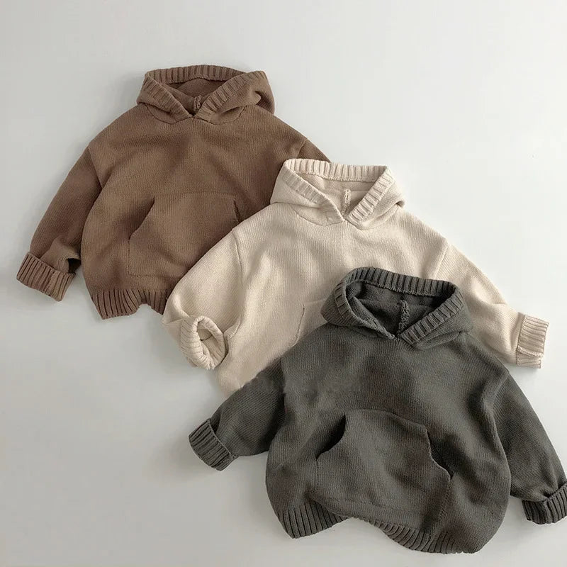 Kinder-Kapuzen-Strickpullover mit Vordertasche, entspannter Schnitt