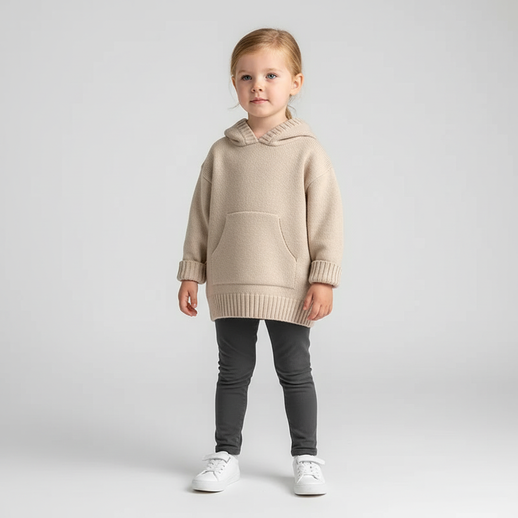 Kinder-Kapuzen-Strickpullover mit Vordertasche, entspannter Schnitt