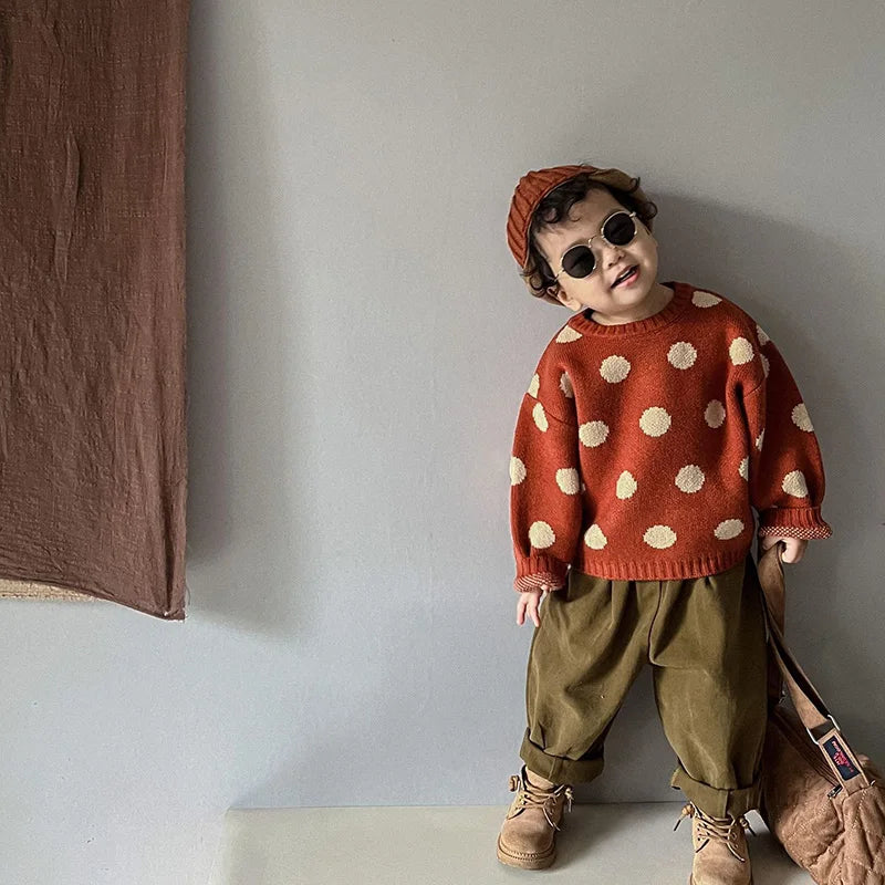 Kinder Polkadot Strickpullover lange Ärmel gerippte Bündchen
