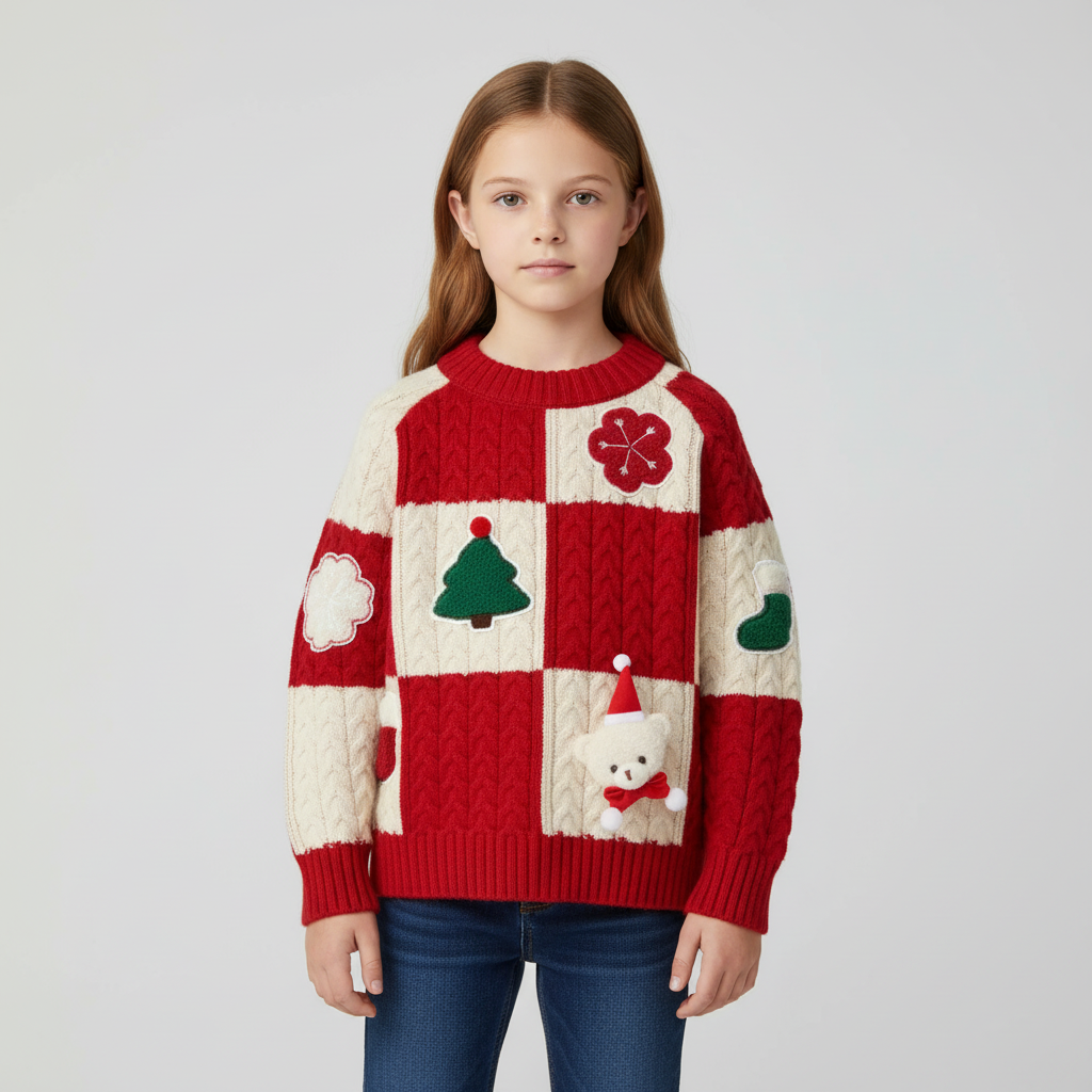 Kinder-Weihnachtspullover Rot Zopfmuster mit 3D-Applikationen