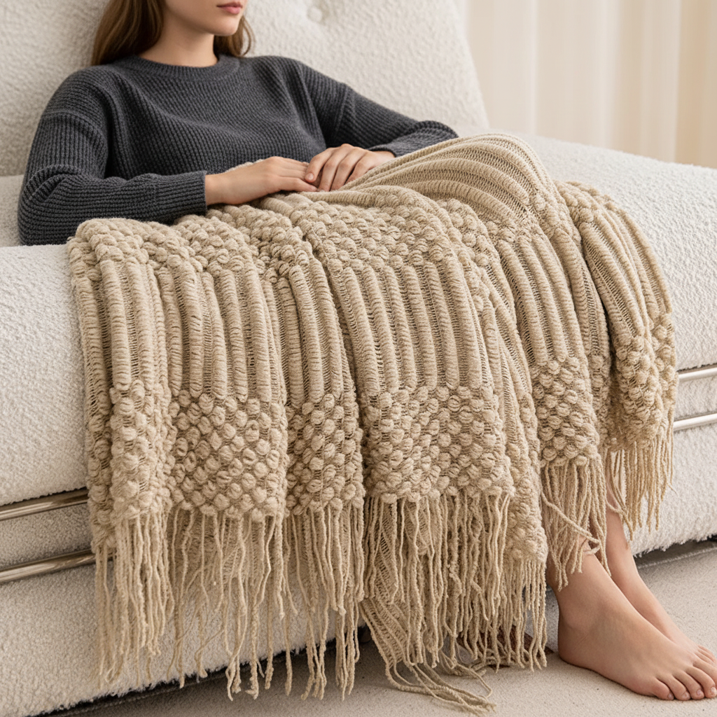 Dicke Strickdecke Khaki mit Quasten für Sofa und Bett