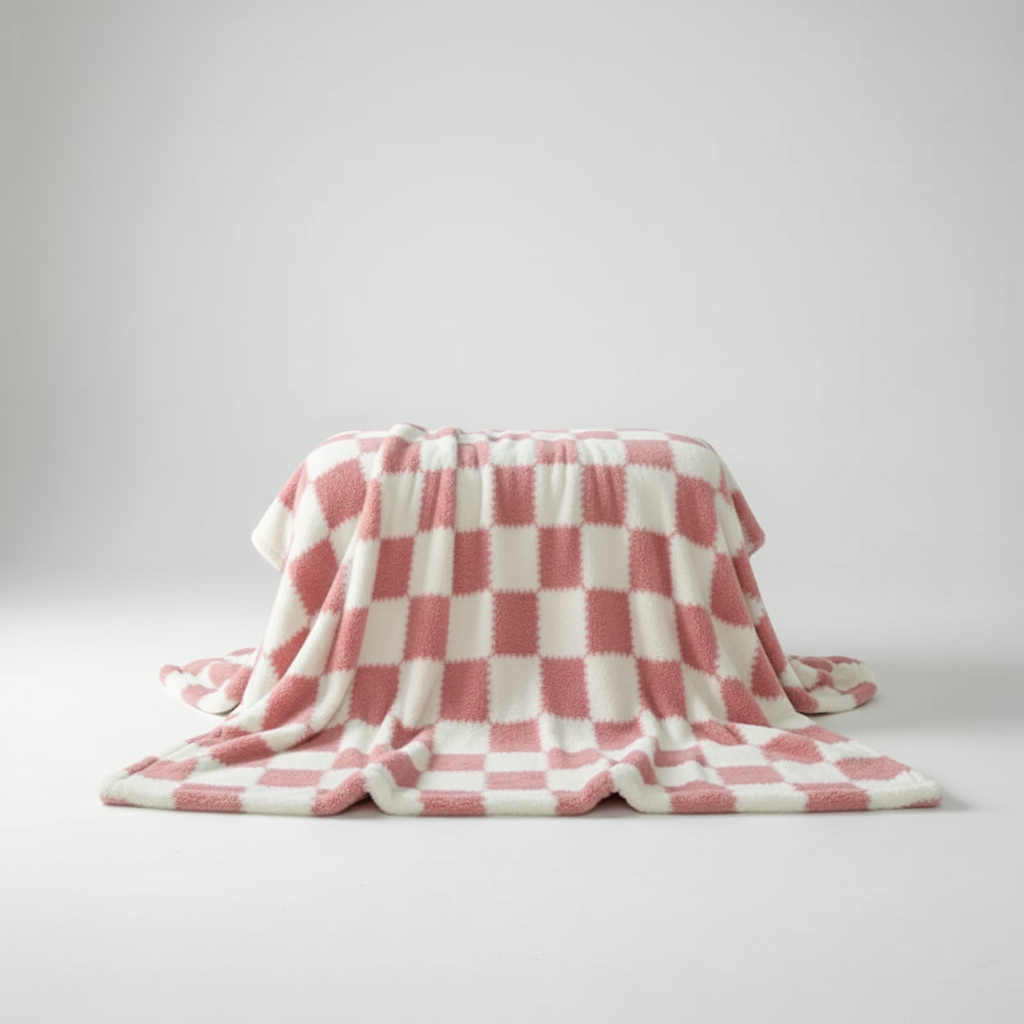 Karierte Fleece-Decke rosa-weiss Sofa Bett atmungsaktiv