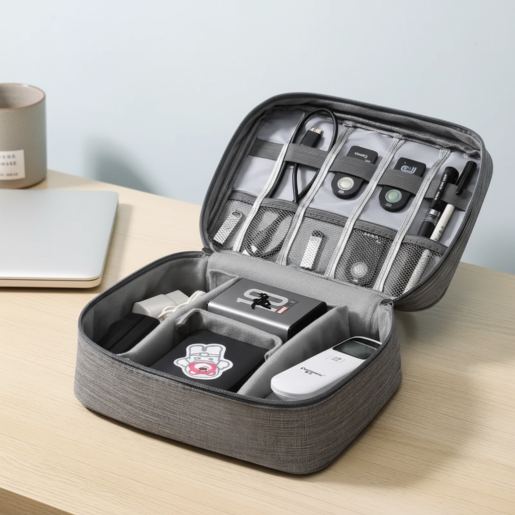 Spritzwasserschützter Kabel-Organizer mit gepolsterten Fächern und Mesh-Taschen