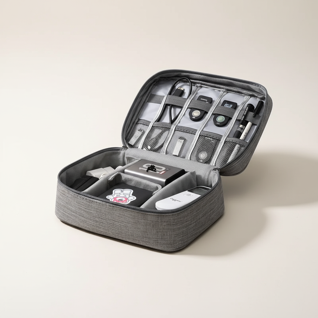 Spritzwasserschützter Kabel-Organizer mit gepolsterten Fächern und Mesh-Taschen