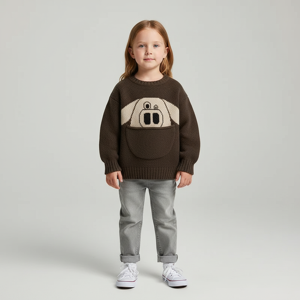 Kinder-Baumwollpullover mit süssem Taschenmotiv und langen Ärmeln