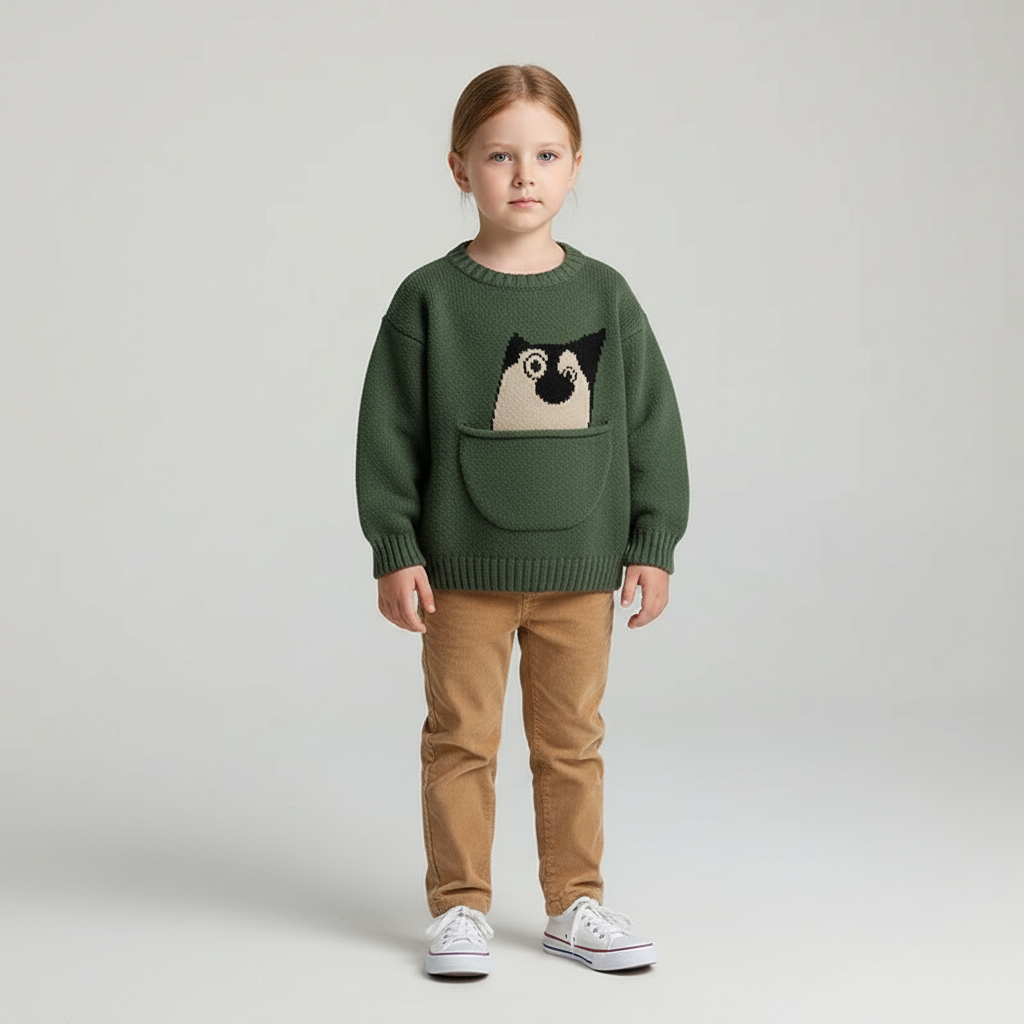 Kinder-Baumwollpullover mit süssem Taschenmotiv und langen Ärmeln