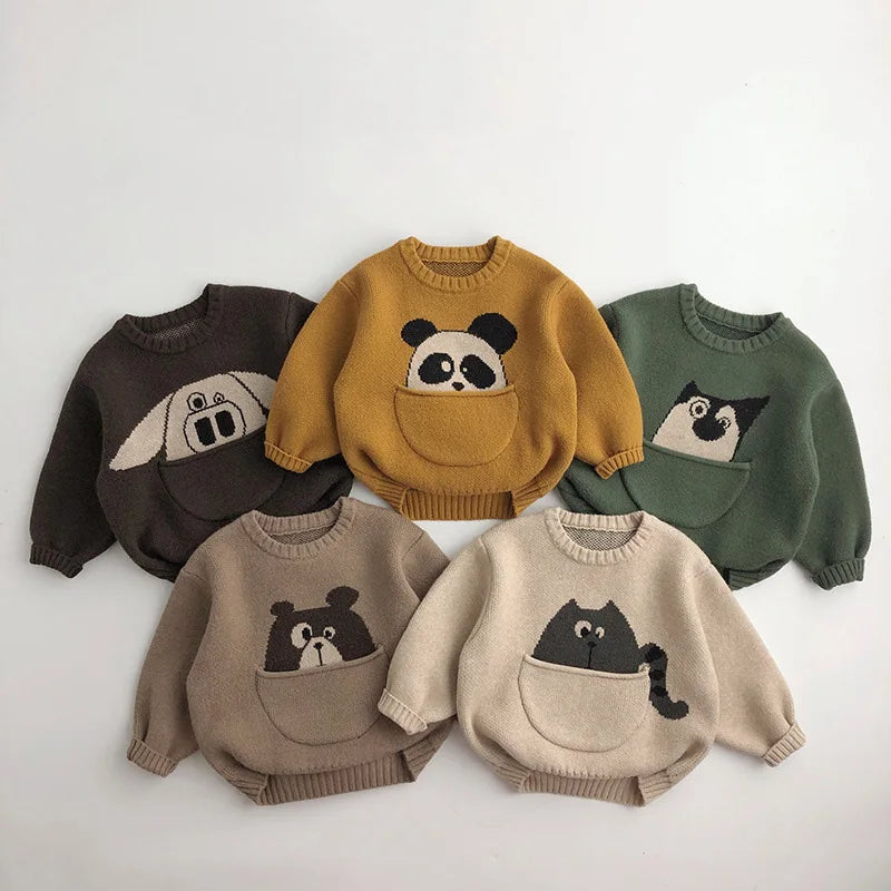 Kinder-Baumwollpullover mit süssem Taschenmotiv und langen Ärmeln