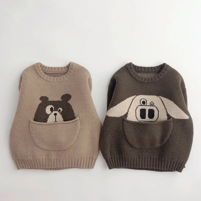 Kinder-Baumwollpullover mit süssem Taschenmotiv und langen Ärmeln