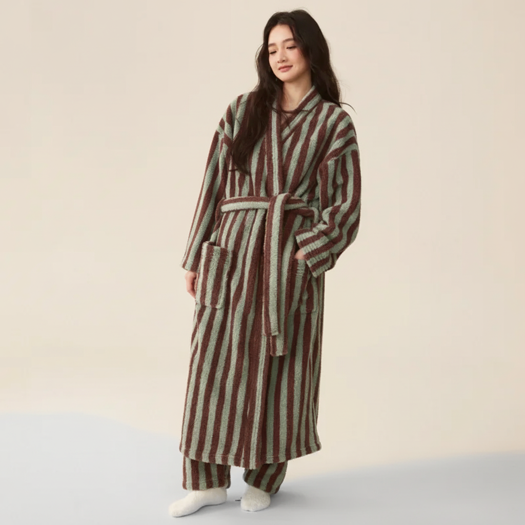 Gestreiftes Bademanttel-Set knielang flauschig Unisex-Passform
