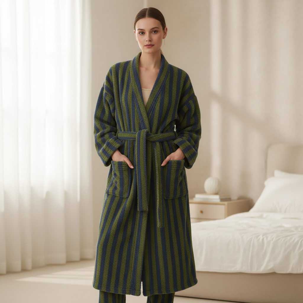 Gestreiftes Bademanttel-Set knielang flauschig Unisex-Passform