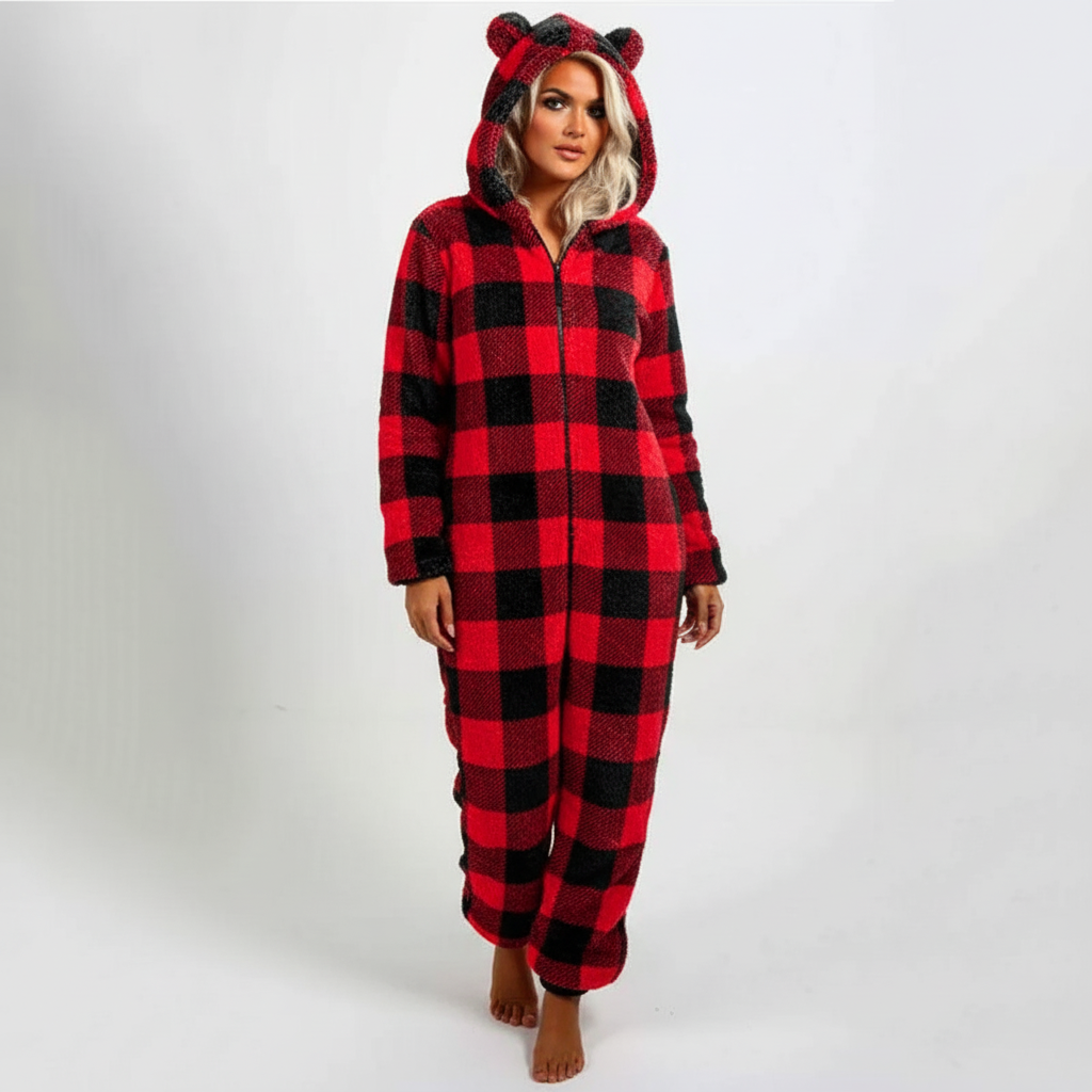 Ganzkörper-Kapuzenschlafanzug mit verspieltem Design und warmem Polyester