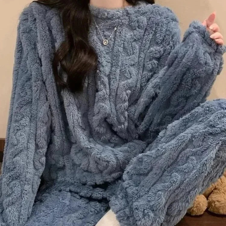 Pyjama-Set plüschig warm Langarm Rundhals knöchellang