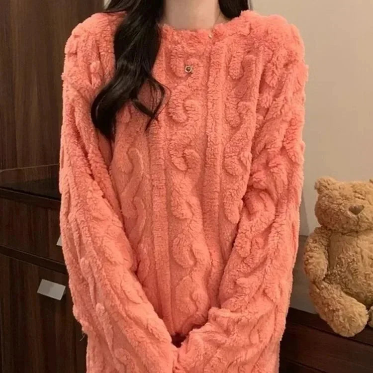 Pyjama-Set plüschig warm Langarm Rundhals knöchellang