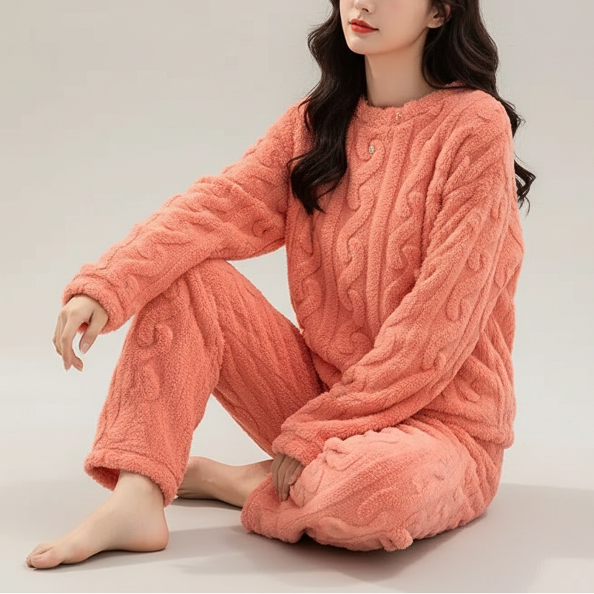 Pyjama-Set plüschig warm Langarm Rundhals knöchellang