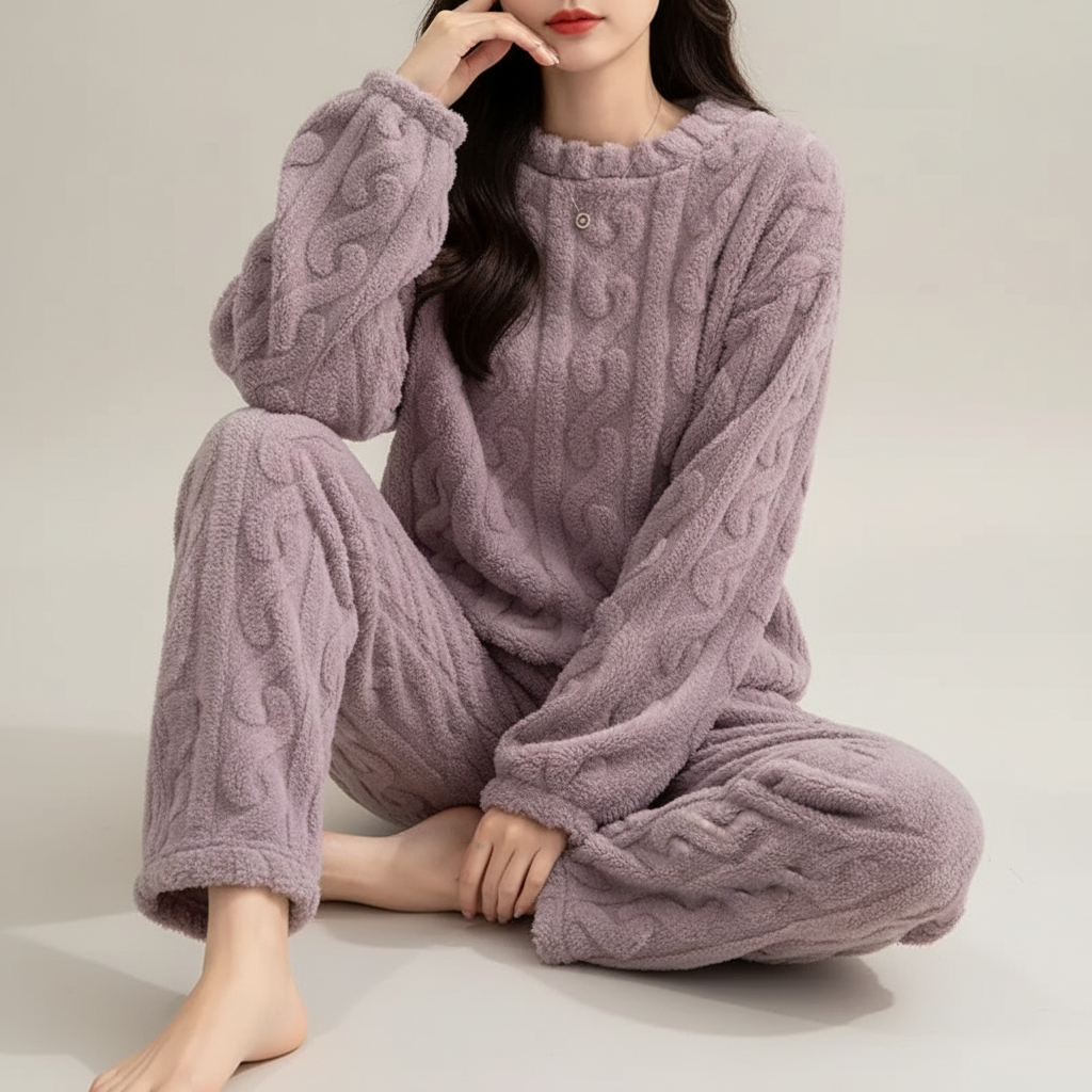 Pyjama-Set plüschig warm Langarm Rundhals knöchellang