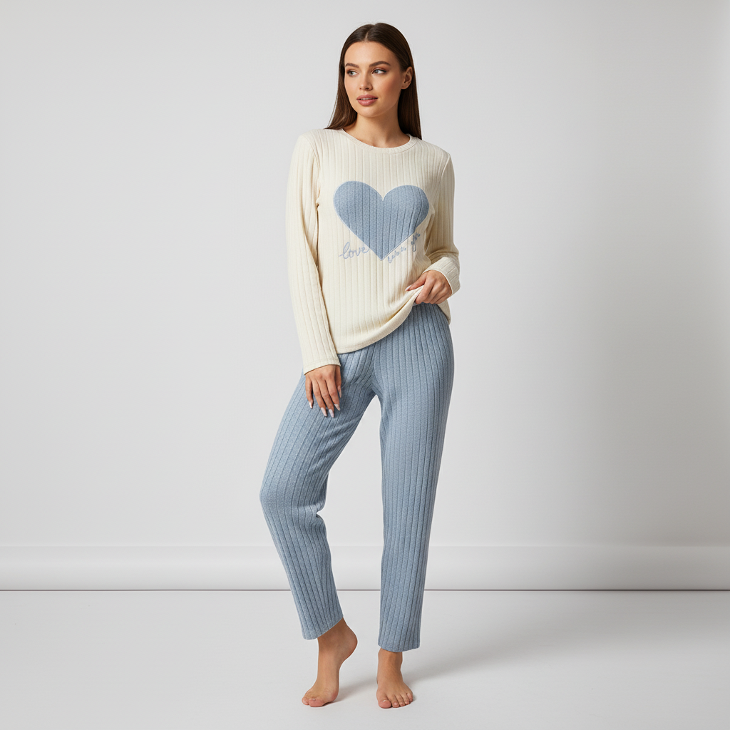 Damen-Pyjama-Set Herzprint Strick knöchellang