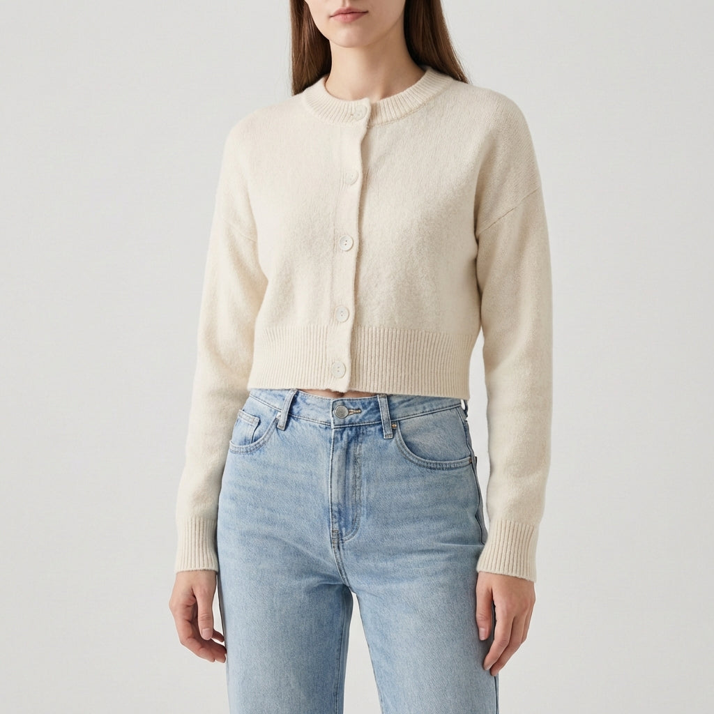 Kurz geschnittene Strickjacke mit Knopfleiste und Rundhals