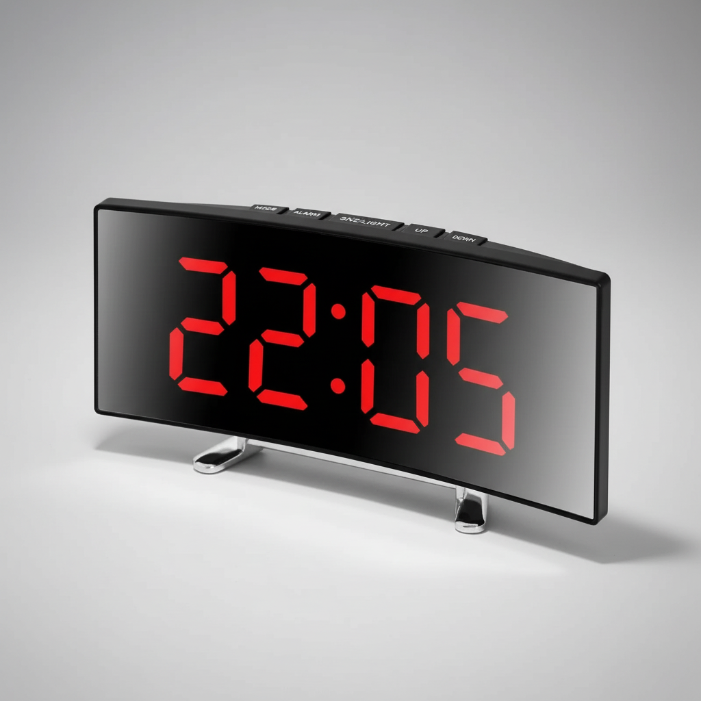 Gewölbter LED-Wecker mit Spiegelfront und rotes Display