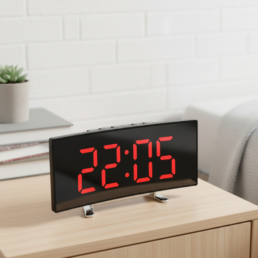 Gewölbter LED-Wecker mit Spiegelfront und rotes Display