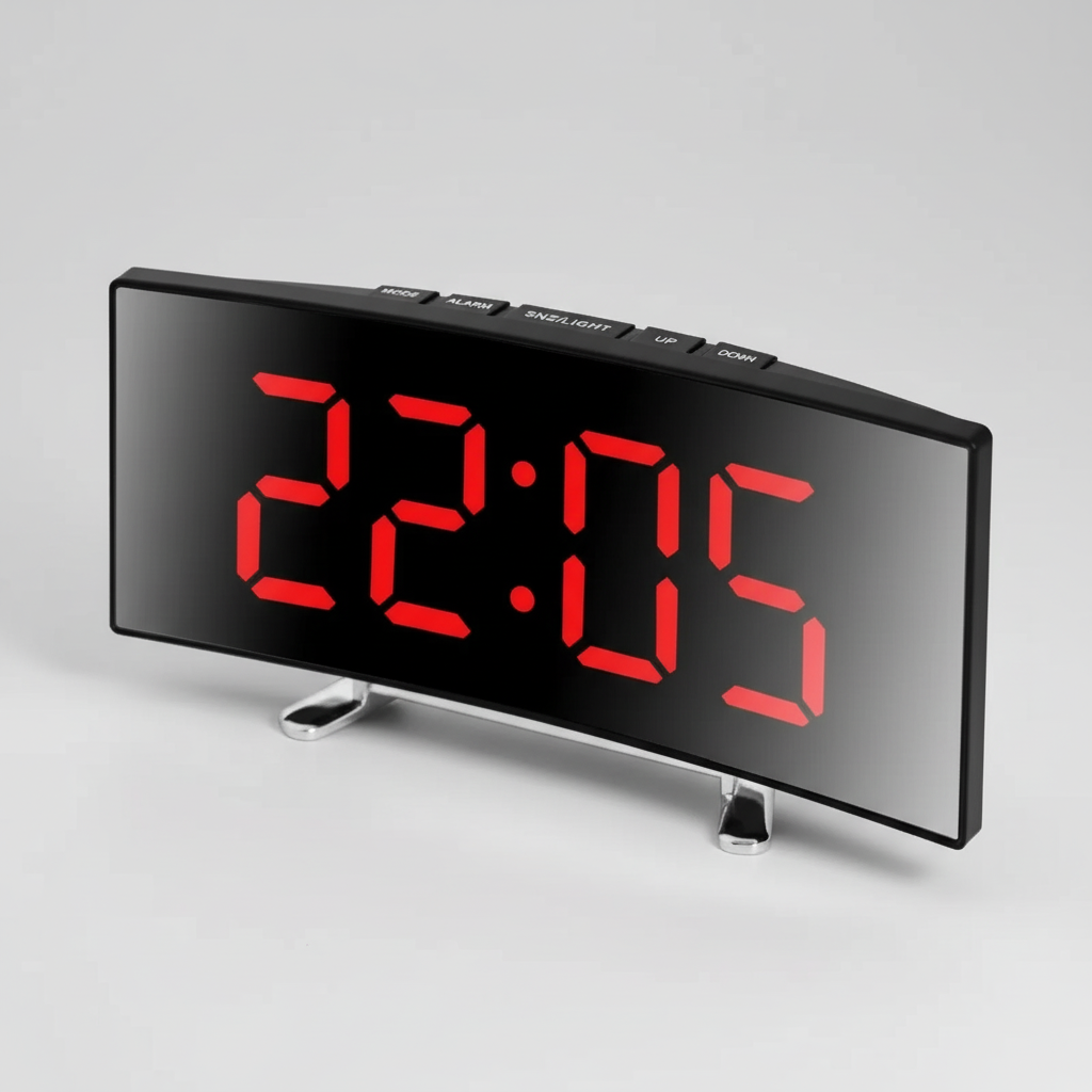 Gewölbter LED-Wecker mit Spiegelfront und rotes Display
