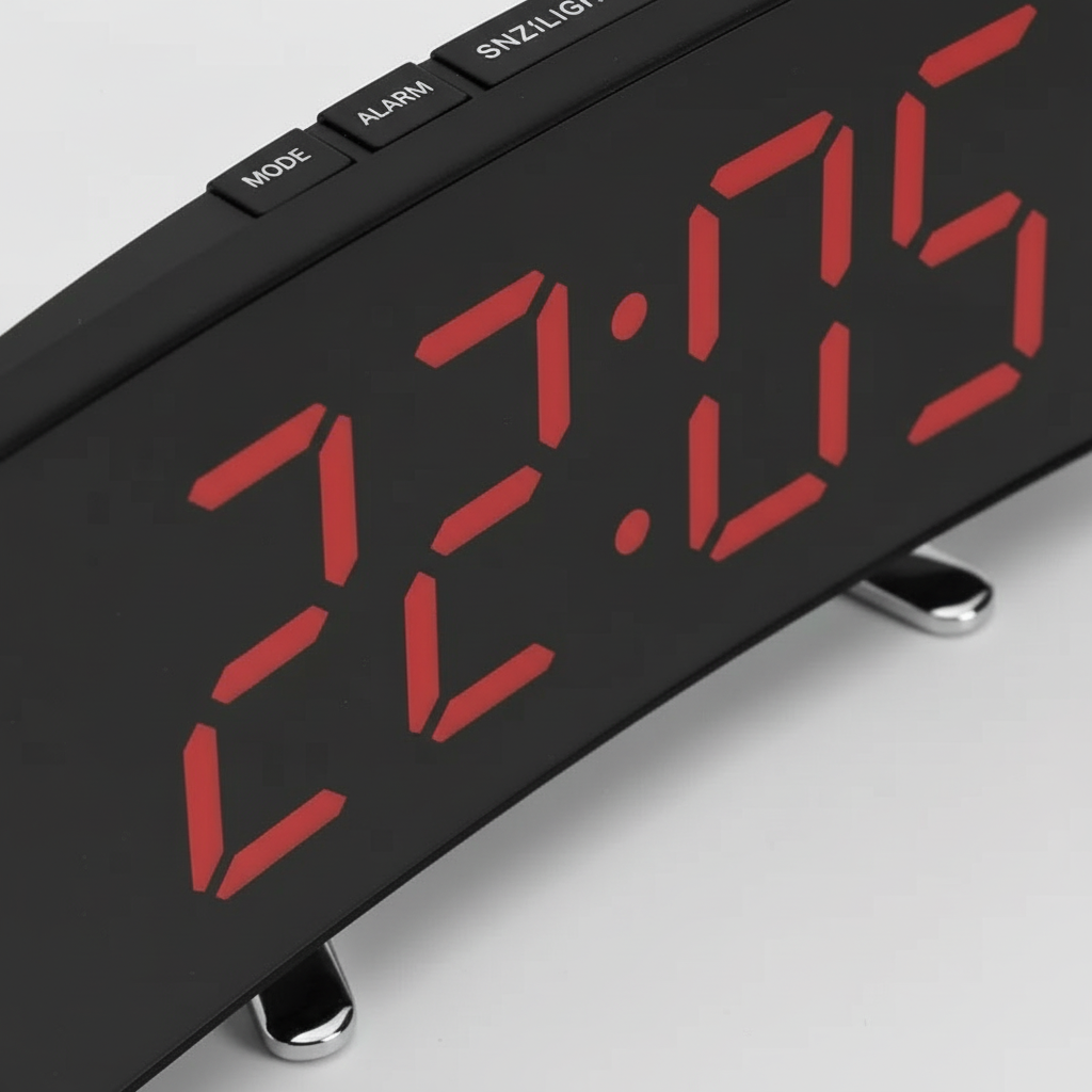 Gewölbter LED-Wecker mit Spiegelfront und rotes Display