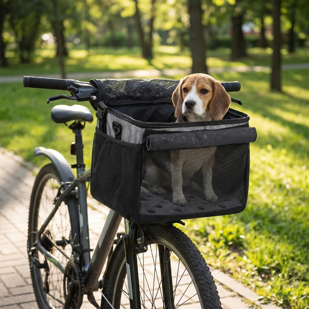 Faltbarer Fahrrad-Vorderträger für Haustiere mit Mesh-Seitenpaneelen