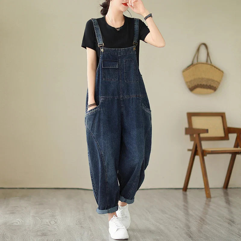 Denim-Latzhose Haremsstil Vintage-Patchwork lockerer Schnitt