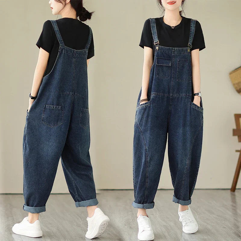 Denim-Latzhose Haremsstil Vintage-Patchwork lockerer Schnitt