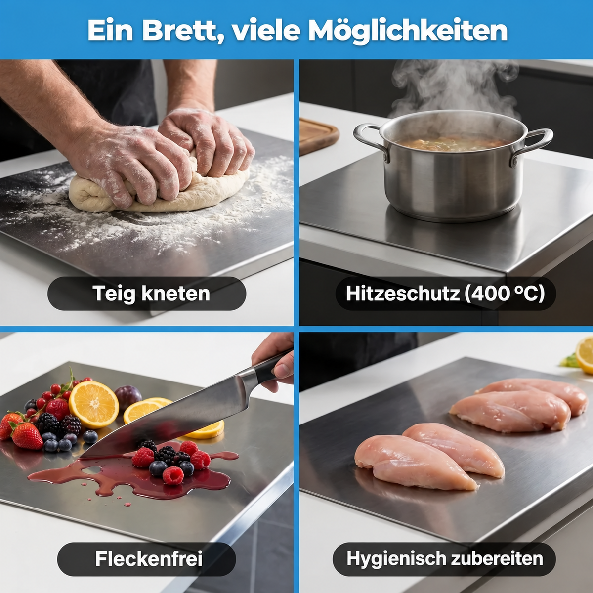 Camp Basel | Edelstahl-Schneidebrett - Rutschfestes Küchenbrett