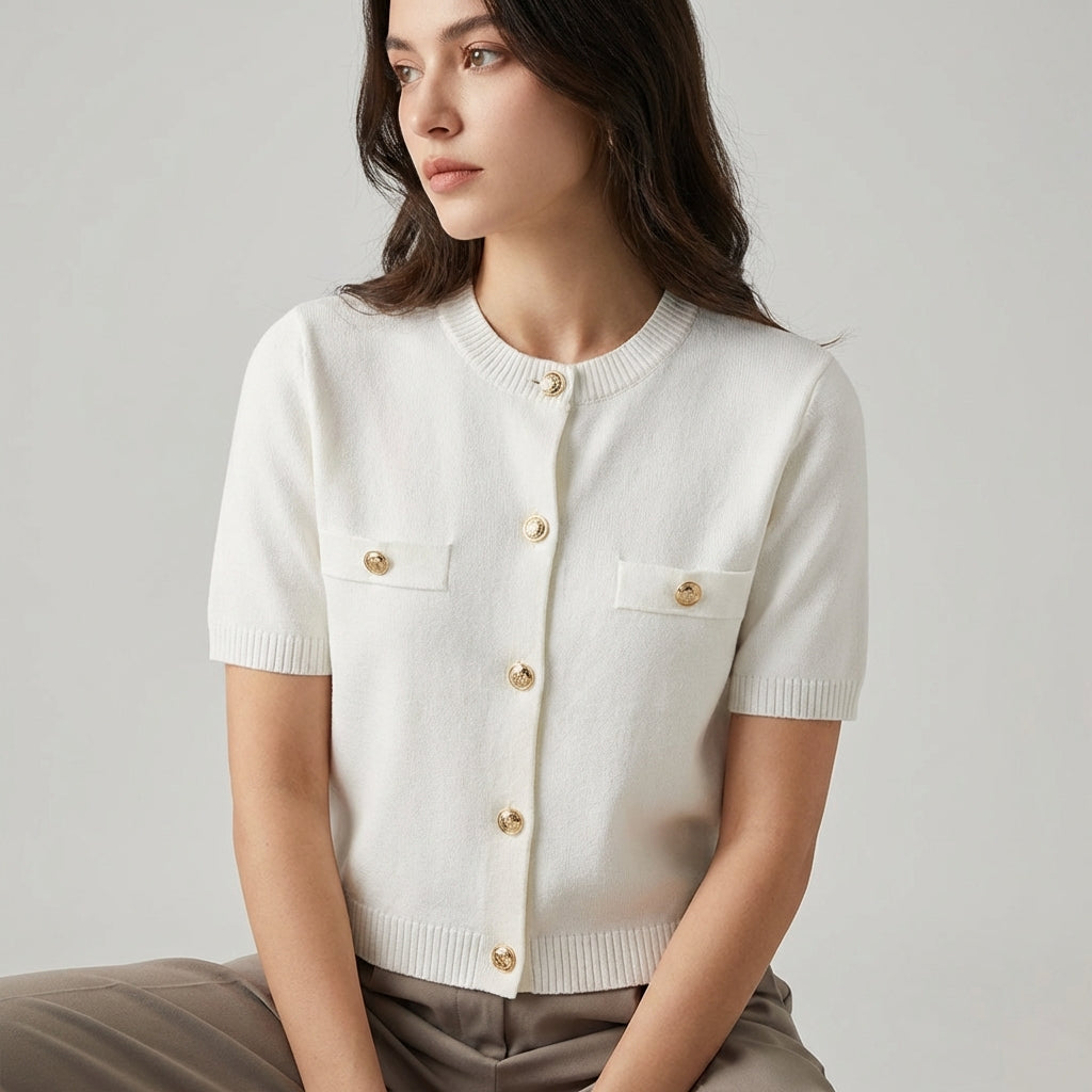 Kurzarm-Crop-Cardigan mit Knopfdetails und Taschenaccessoires