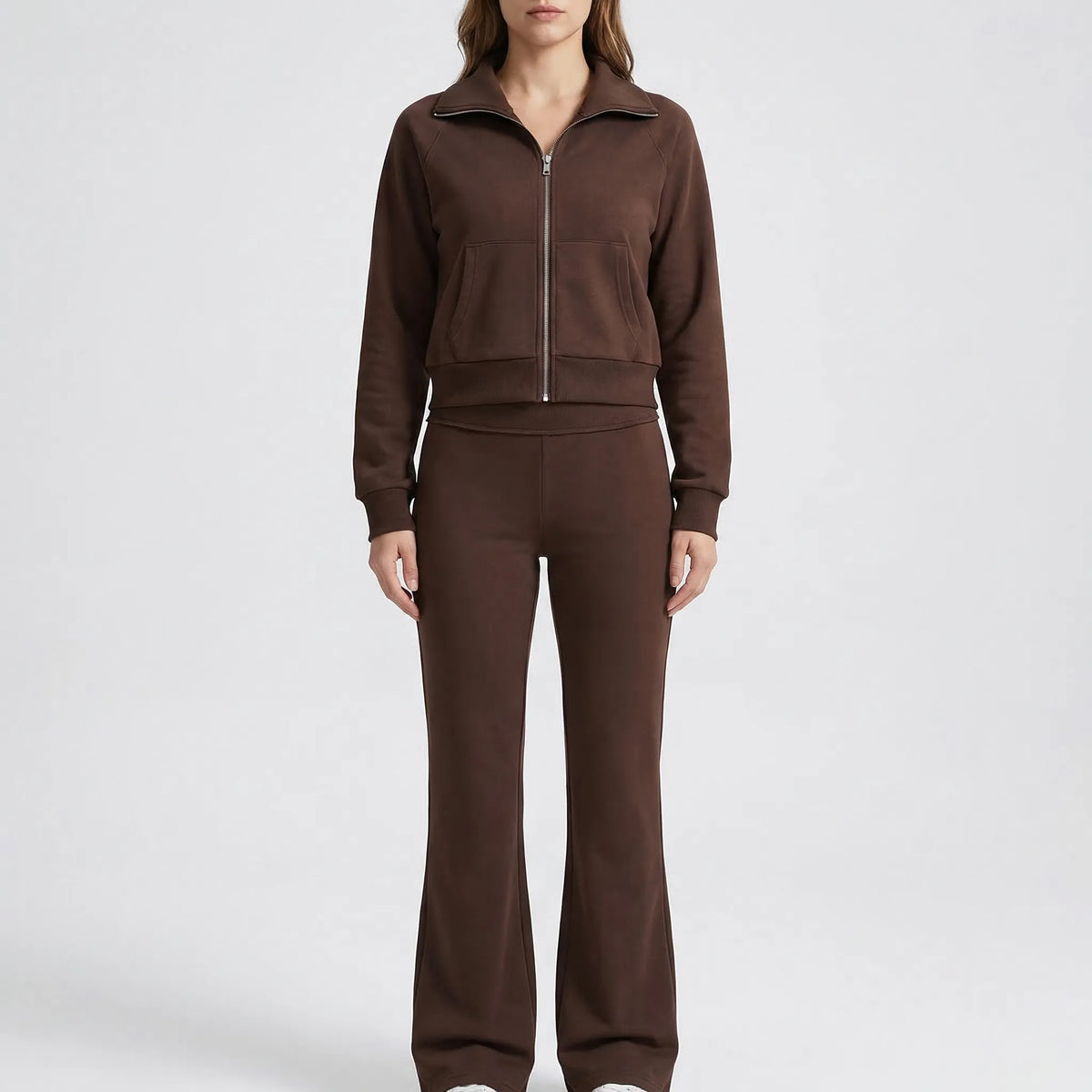 Damen-Fleece-Set mit Reversejacke und ausgestellter hochtaillierter Hose