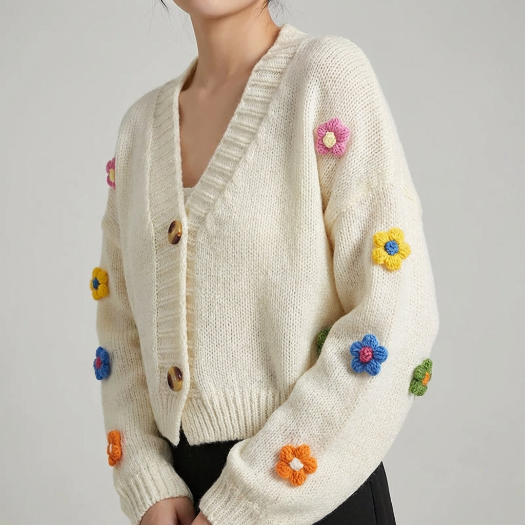 Verkürzter V-Ausschnitt-Cardigan mit Blumenapplikationen und weichem Strick