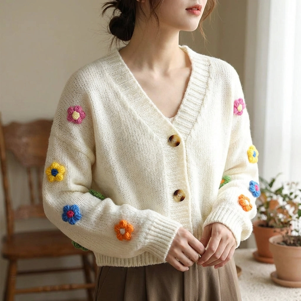 Verkürzter V-Ausschnitt-Cardigan mit Blumenapplikationen und weichem Strick