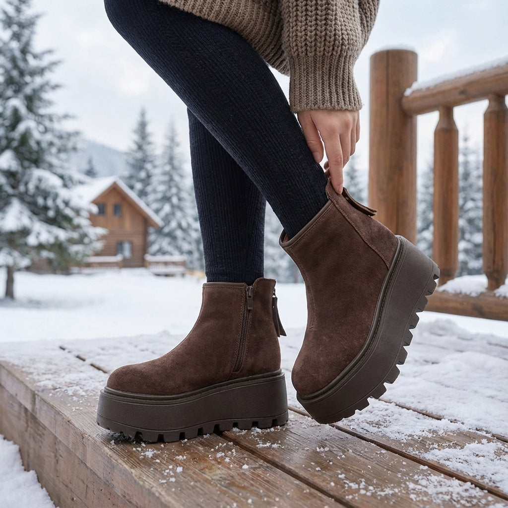 Plateau-Knöchelstiefel Winter rutschfest mit tiefem Profil und Keilabsatz