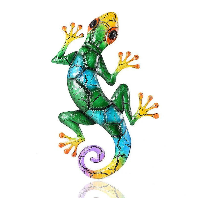 Bunte Gecko-Wandskulptur mit Crackle-Lackierung für Garten und Wohnbereich