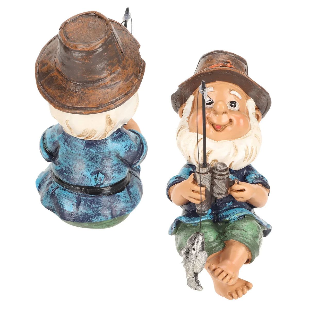 Sitzende Fischergnom-Gartenfigur handgemalt mit Angelrute