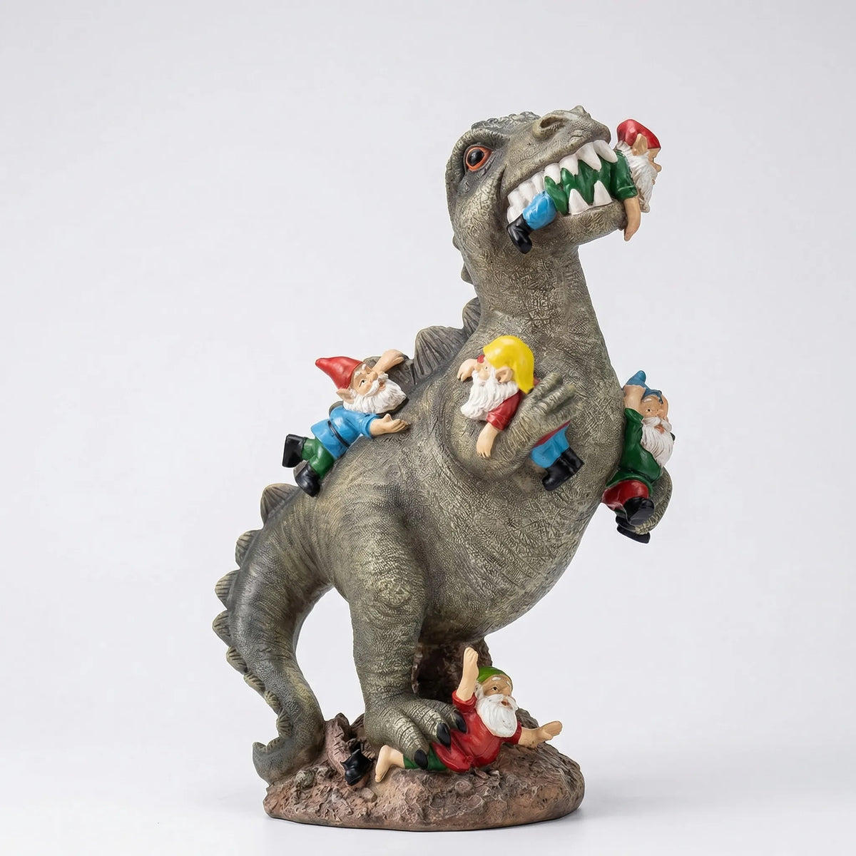 Dinosaurier-Gartenfigur T-Rex isst Zwerge handgemalt wetterfest