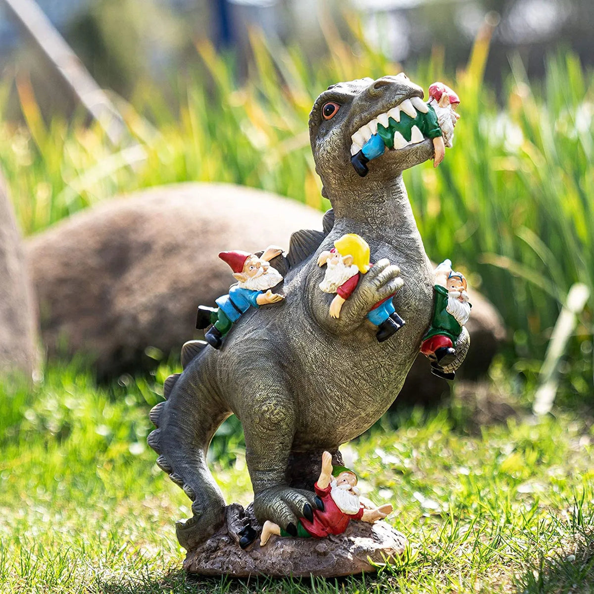 Dinosaurier-Gartenfigur T-Rex isst Zwerge handgemalt wetterfest