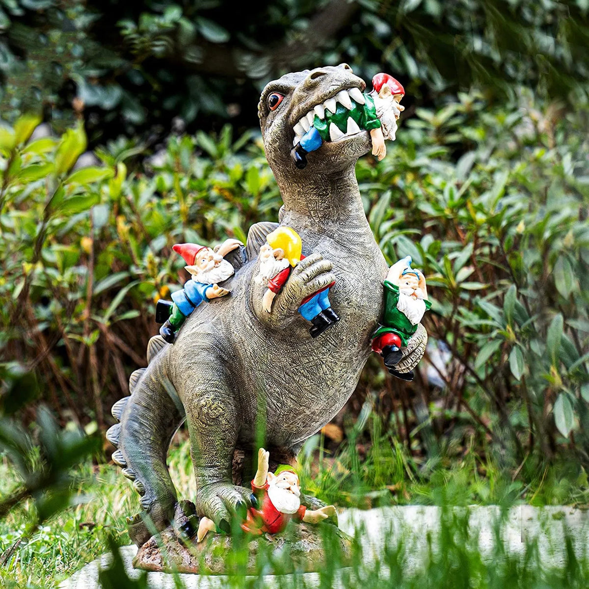Dinosaurier-Gartenfigur T-Rex isst Zwerge handgemalt wetterfest
