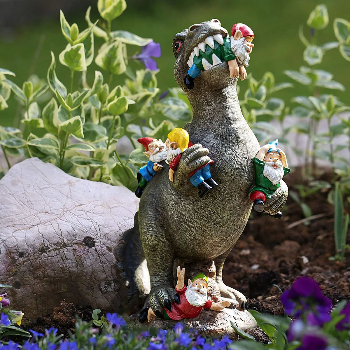 Dinosaurier-Gartenfigur T-Rex isst Zwerge handgemalt wetterfest