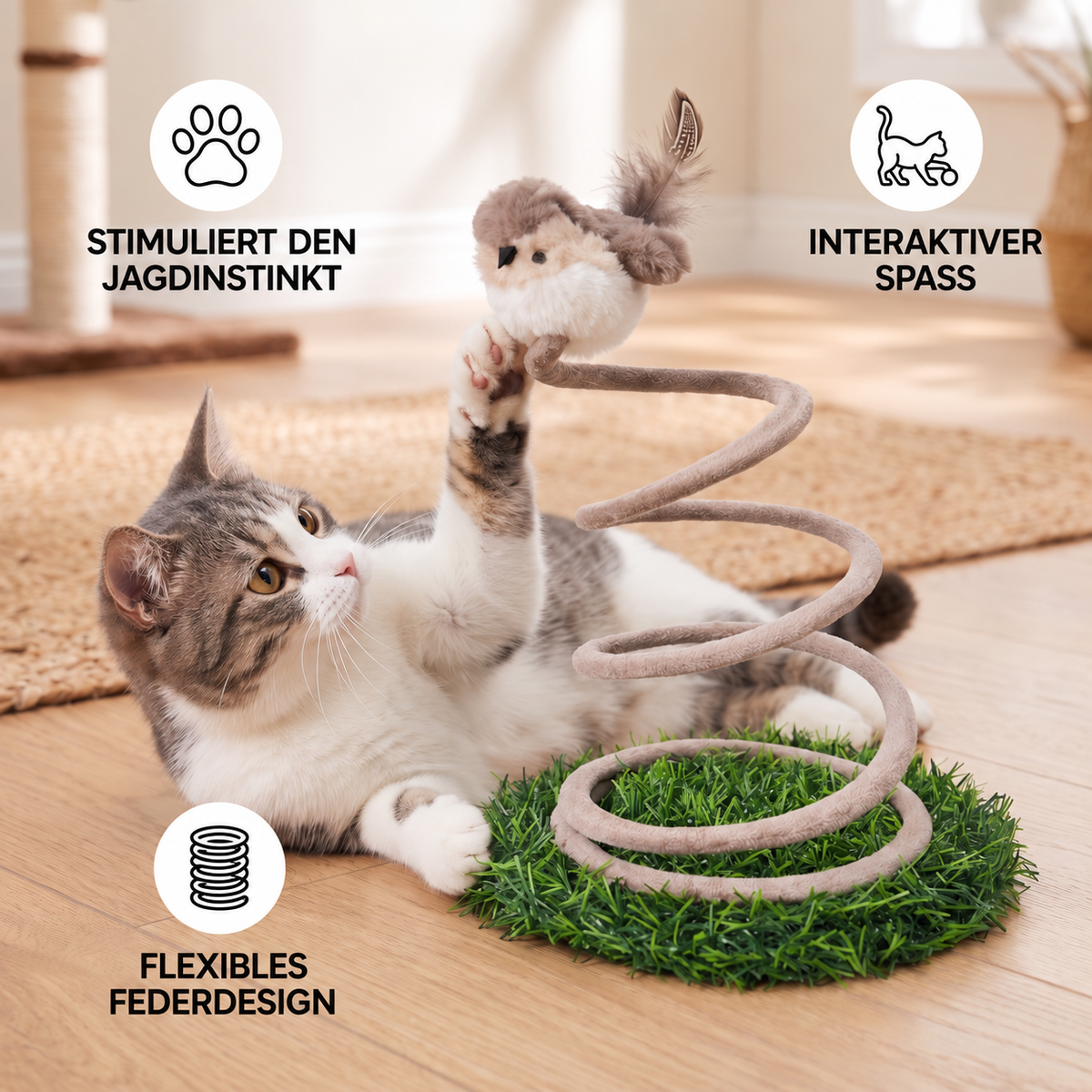 Camp Basel | Interaktives Feder-Vogel-Katzenspielzeug mit Grasbasis