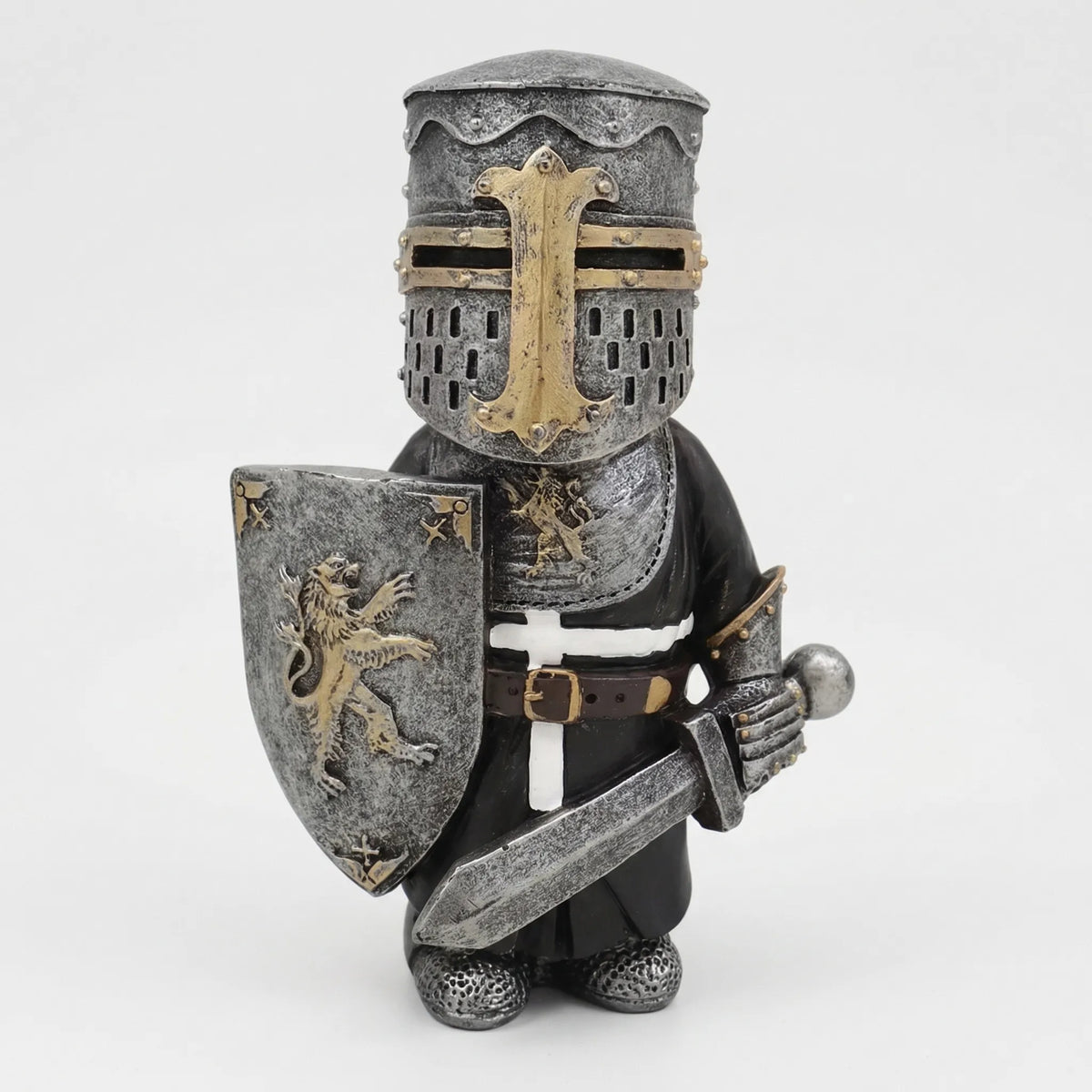 Miniatur Mittelalter-Ritter Gartenfigur mit Kettenhemd und Topfhelm