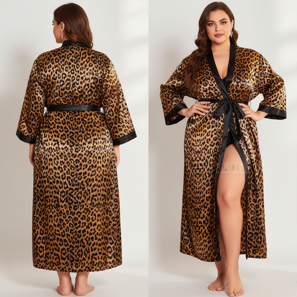 Übergrößen-Kimono-Bademantel Leopardenmuster knöchellang mit Taillenband