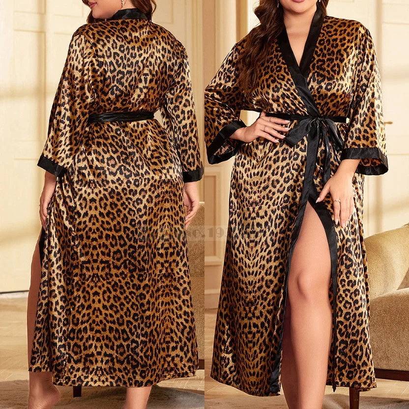Übergrößen-Kimono-Bademantel Leopardenmuster knöchellang mit Taillenband