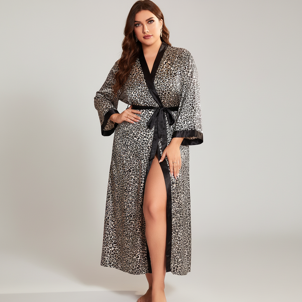 Übergrößen-Kimono-Bademantel Leopardenmuster knöchellang mit Taillenband