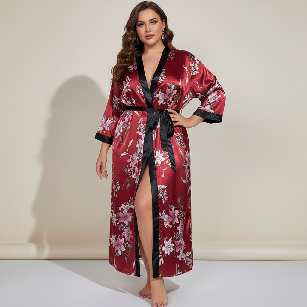 Übergrößen-Kimono-Bademantel Leopardenmuster knöchellang mit Taillenband