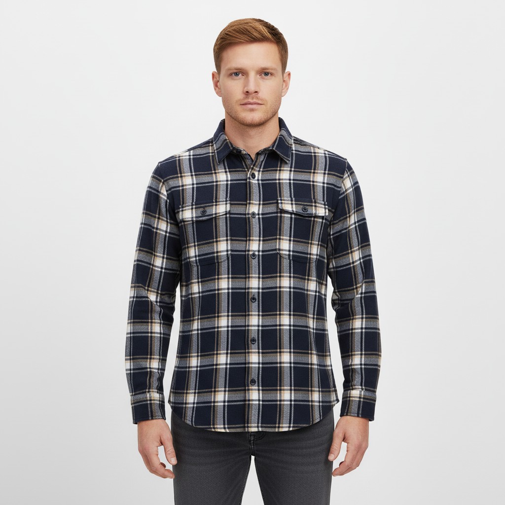 Herren-Langarmhemd aus Baumwoll-Flanell mit Karomuster und Brusttasche