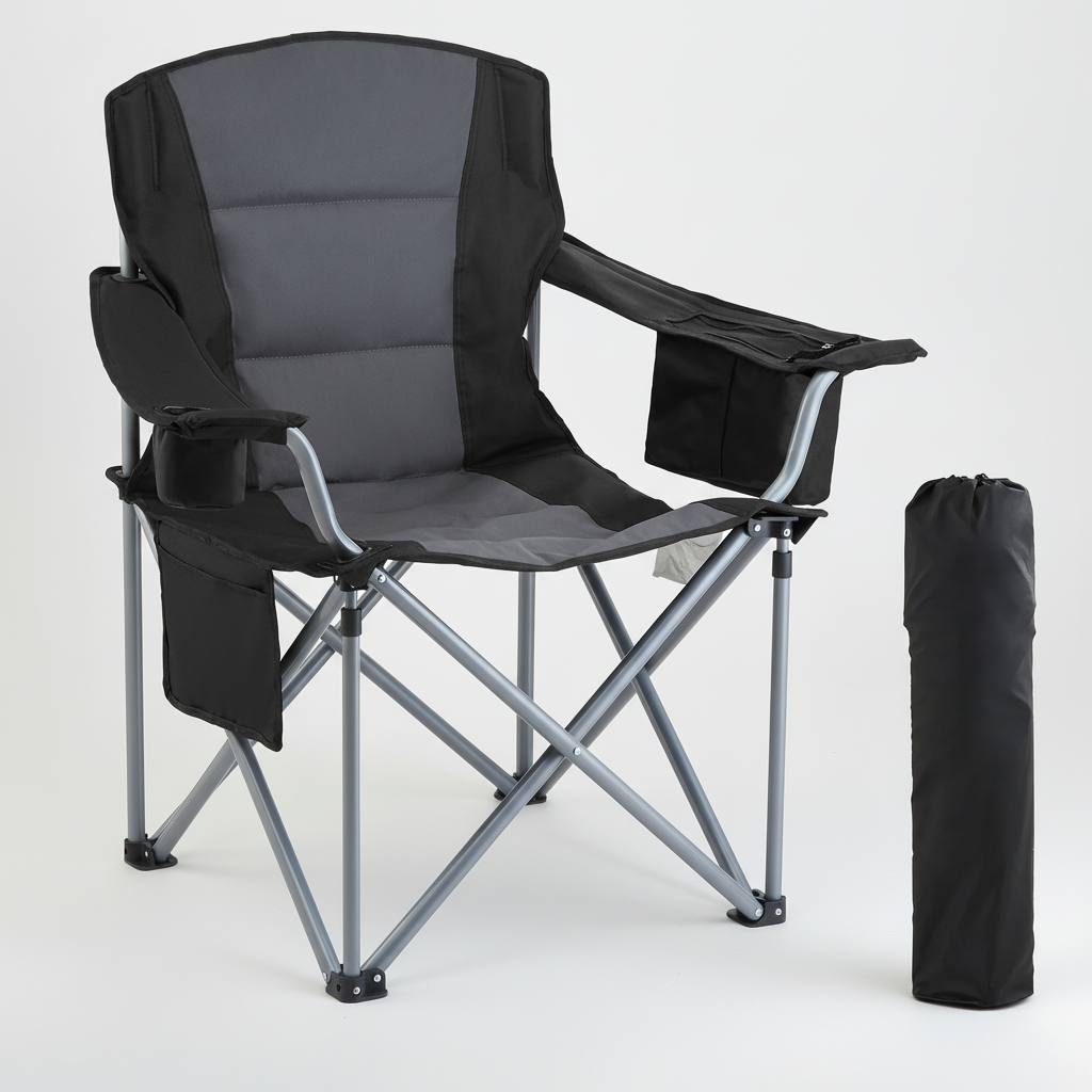 Klappbarer Campingstuhl mit Lendenwirbelstütze und Seitentaschen