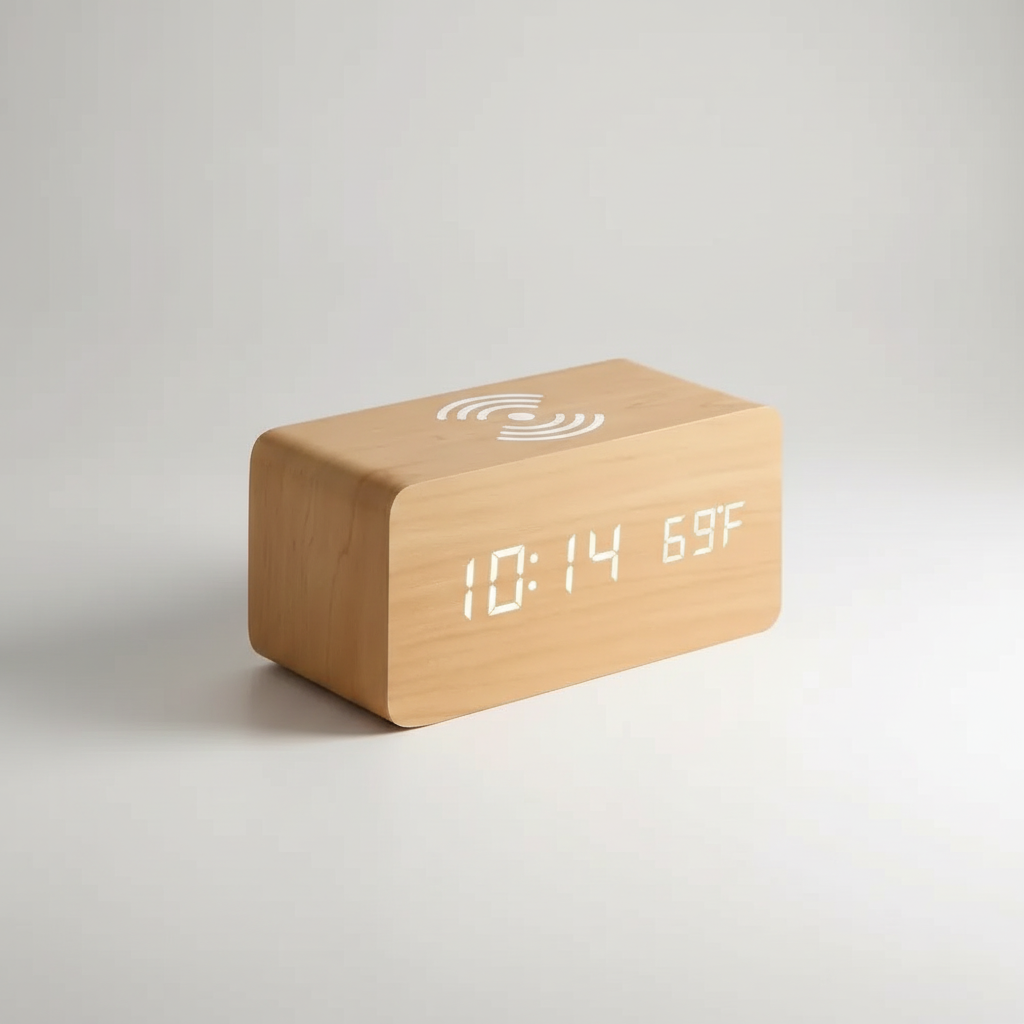 Holzwecker mit LED-Display, kabellosen Ladefunktion und Temperaturanzeige